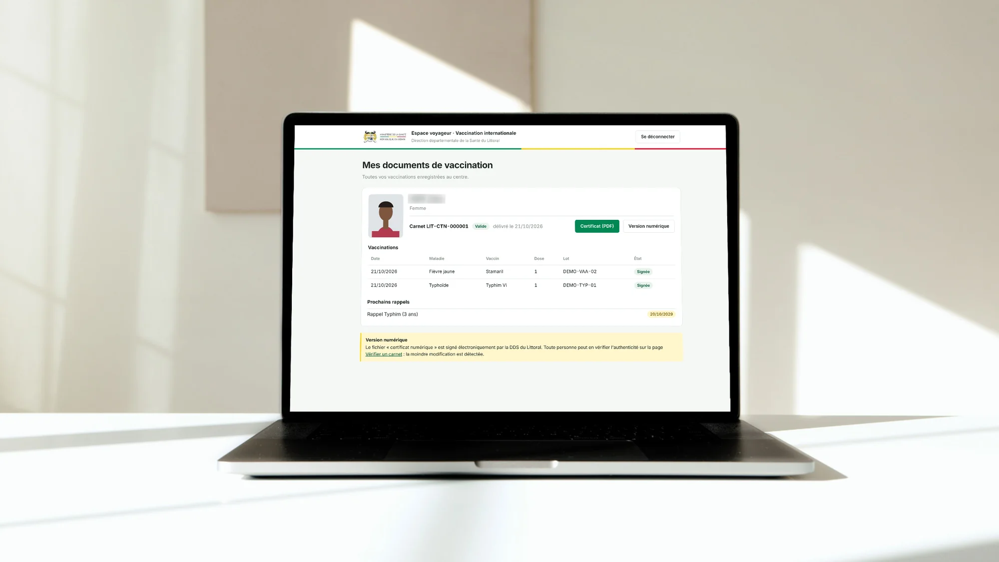 L’espace voyageur : vaccinations, rappels et certificats, consultables à tout moment.